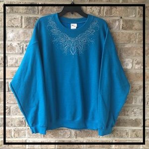 TURQUOISE SWEATSHIRT WITH FRONT NECKLINE BLING